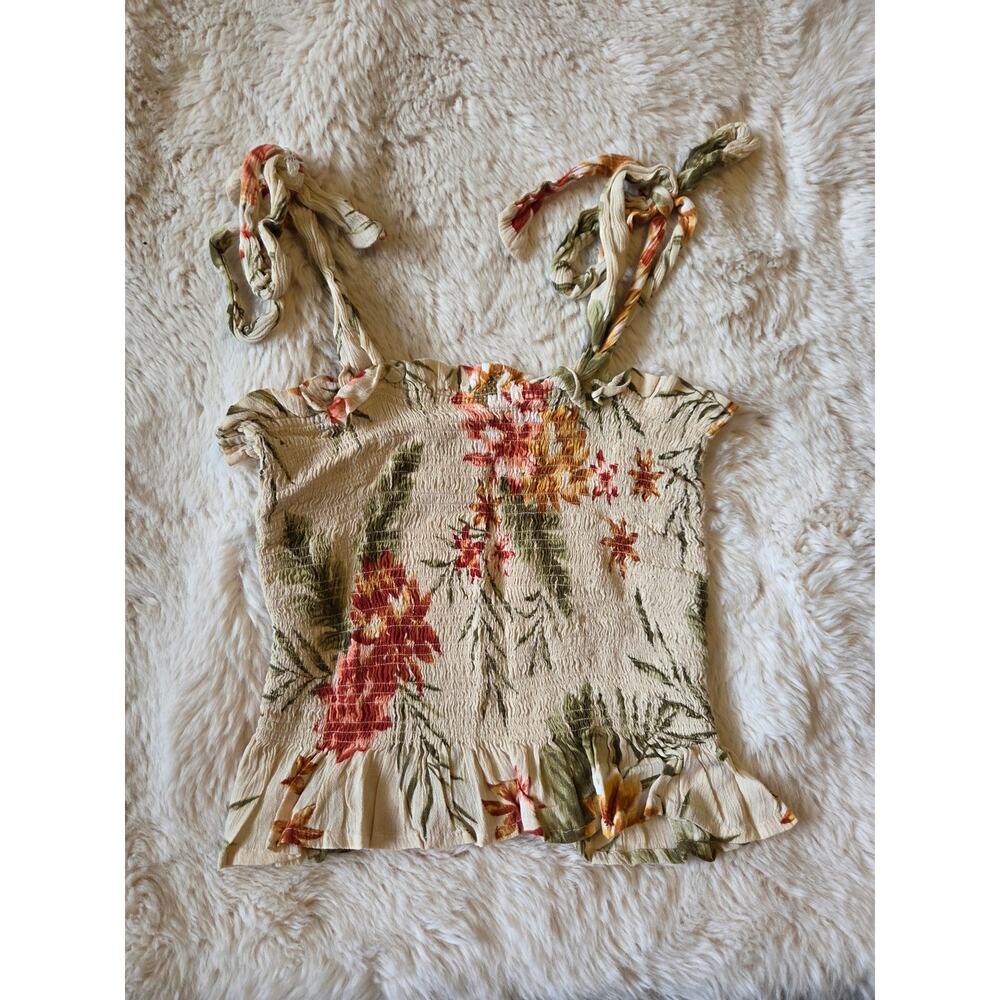Billabong Floral Vacation tropical smocked crop tie tank top womens small